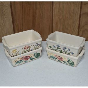Vtg Lot of 4 Nantucket Mini Bread Loaf Pans Floral Garden Baking Stoneware 5x3x2